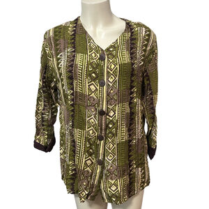 Rosey Tomato Green Brown Geometric Button-Front Blouse Size L